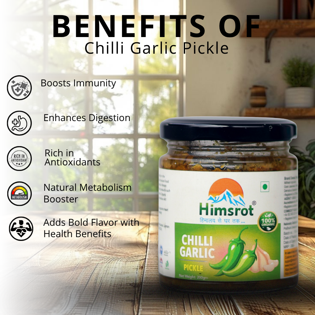 Jar of Himsrot Chilli Garlic Pickle with health benefits listed on a blurred background