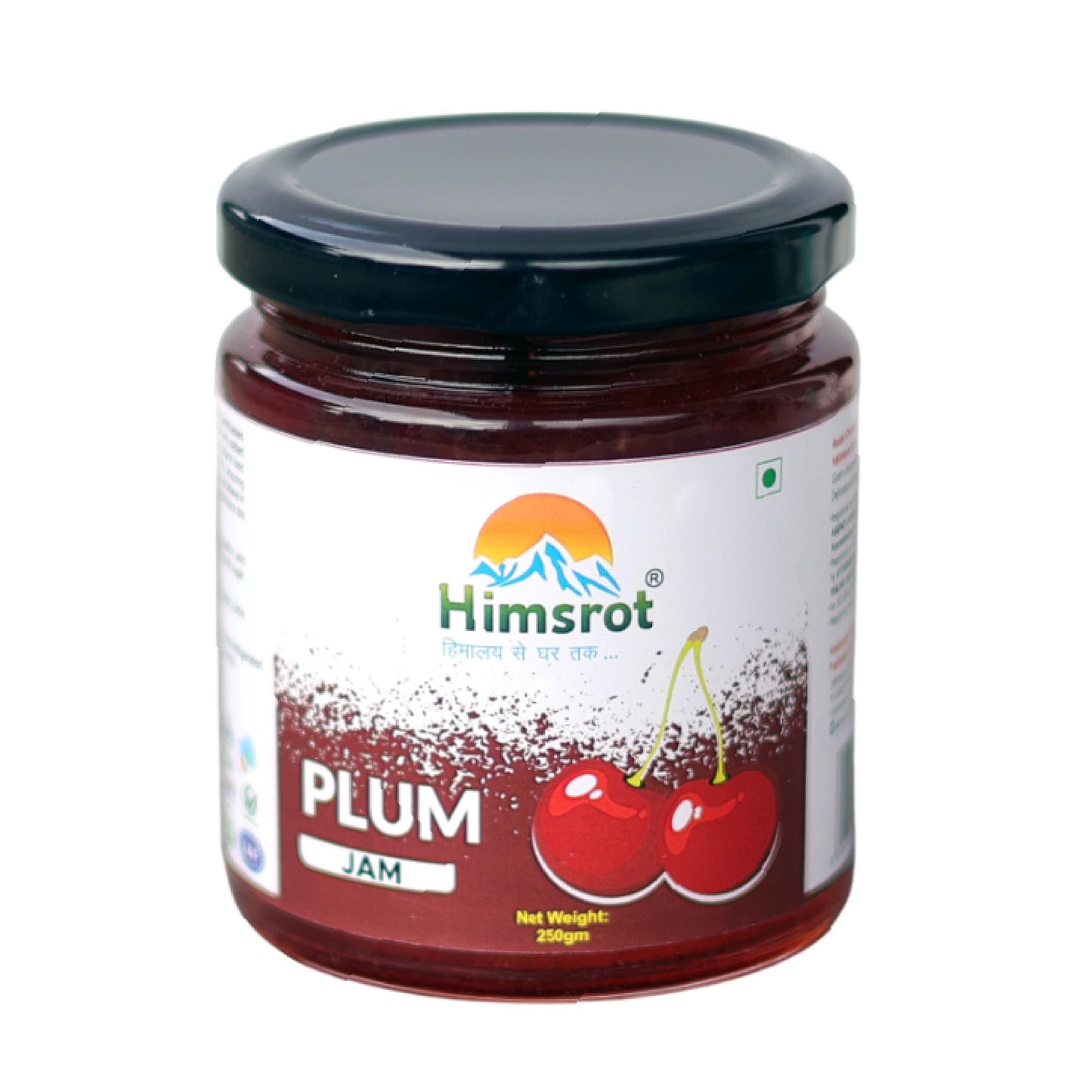 Himsrot Plum Jam with a black lid on a white background