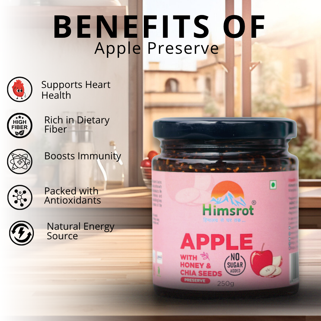 Himsrot Apple Preserve with benefits listed on a blurred kitchen background