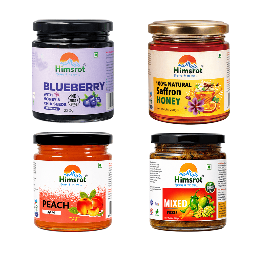 Antioxidant Rich Combo - Blueberry Jam (Preserve), Saffron Honey, Peach Jam, & Mixed Pickle