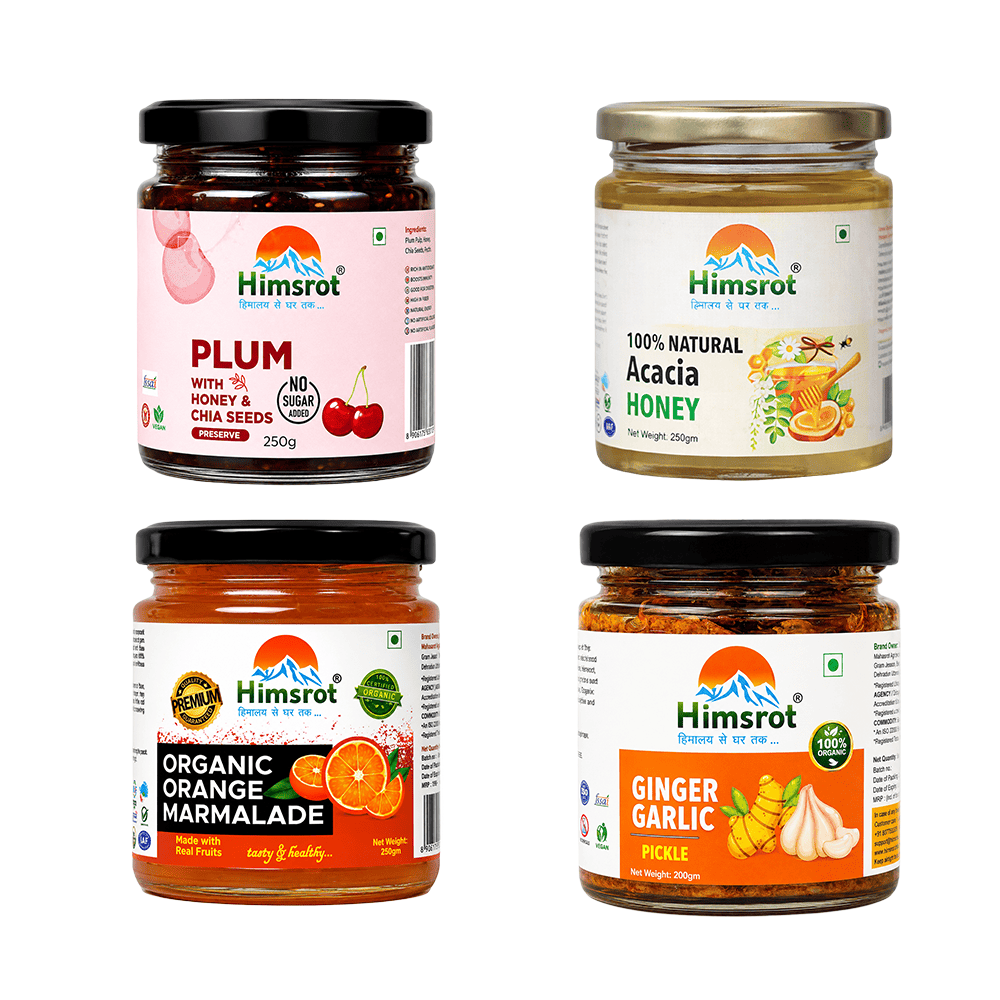 Classic Taste Combo - Plum Jam (Preserve), Acacia Honey, Orange Marmalade, & Ginger Garlic Pickle