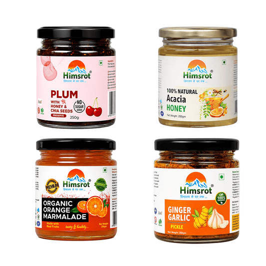 Classic Taste Combo - Plum Jam (Preserve), Acacia Honey, Orange Marmalade, & Ginger Garlic Pickle