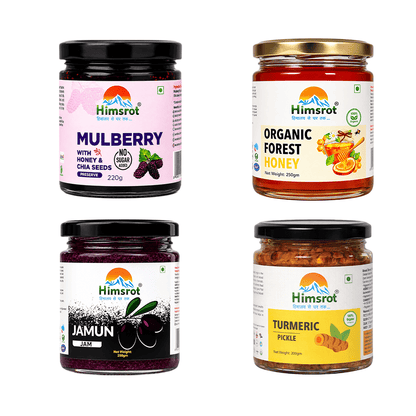 Desi Wellness Combo - Mulberry Jam (Preserve), Forest Honey, Jamun Jam, Turmeric Pickle