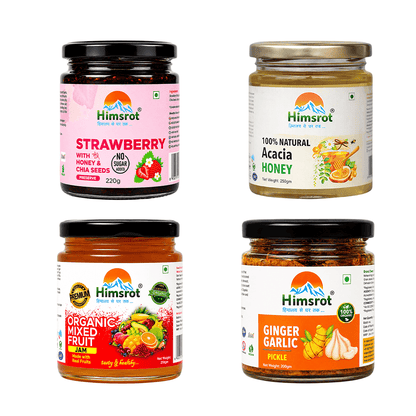 Everyday Essentials Combo - Strawberry Jam (Preserve), Acacia Honey, Mixed Fruit Jam, & Ginger Garlic Pickle