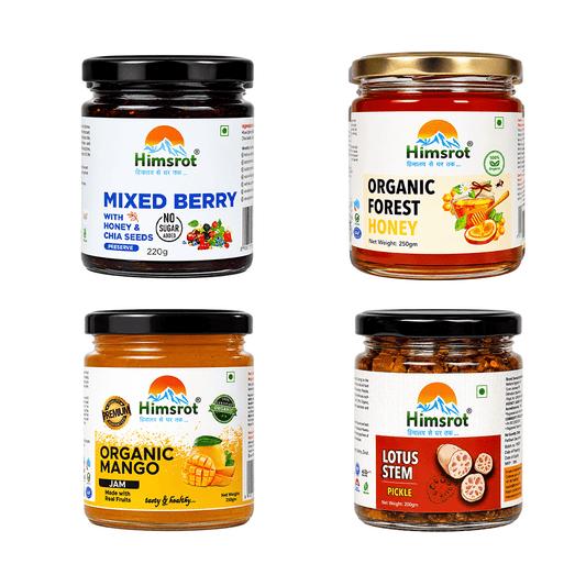 Family Favorite Combo - Mixed Berry Jam (Preserve), Forest Honey, Mango Jam, & Lotus Stem Pickle