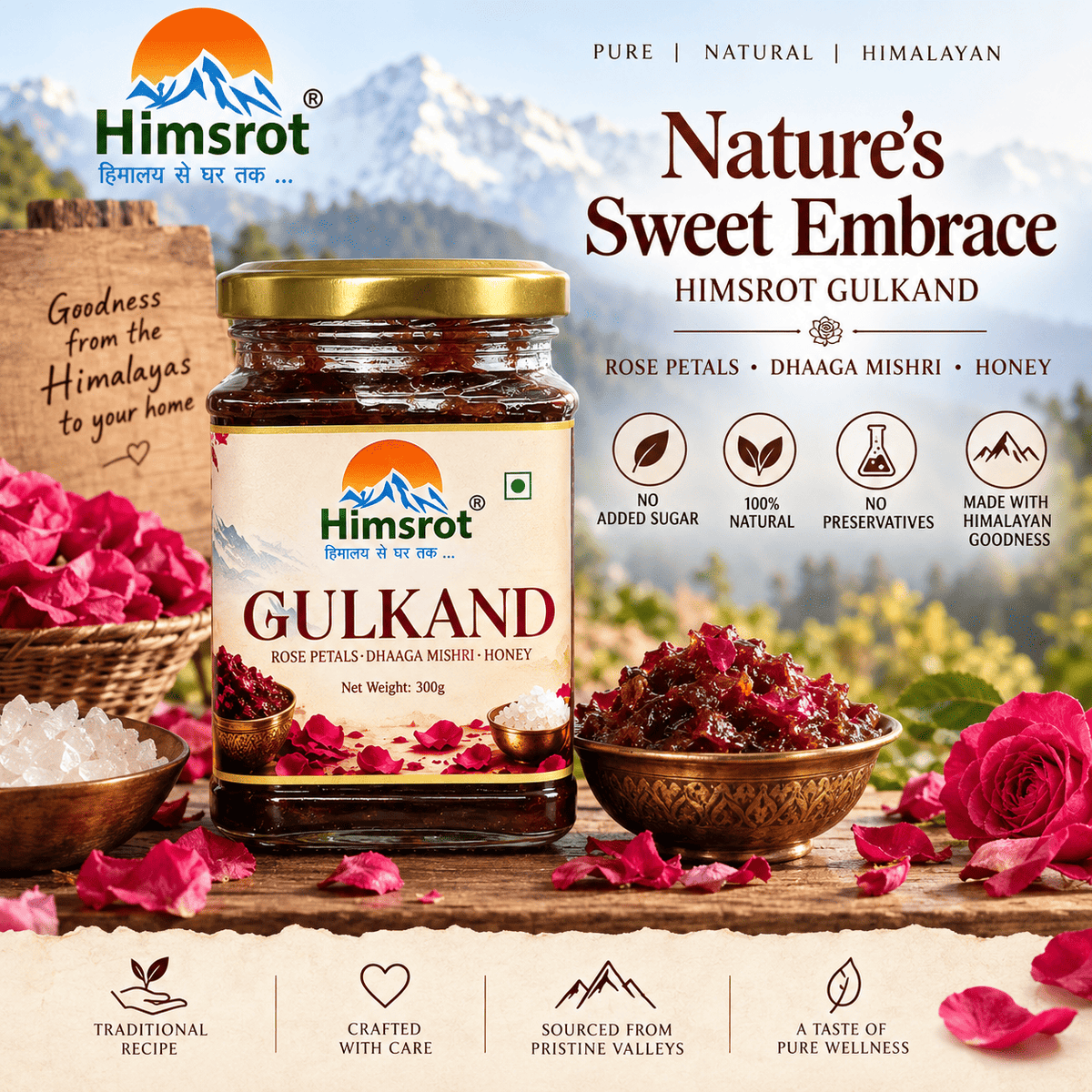 Himsrot Gulkand With Dhaaga Mishri & Honey | Pure, Natural & Himalayan | 300gm