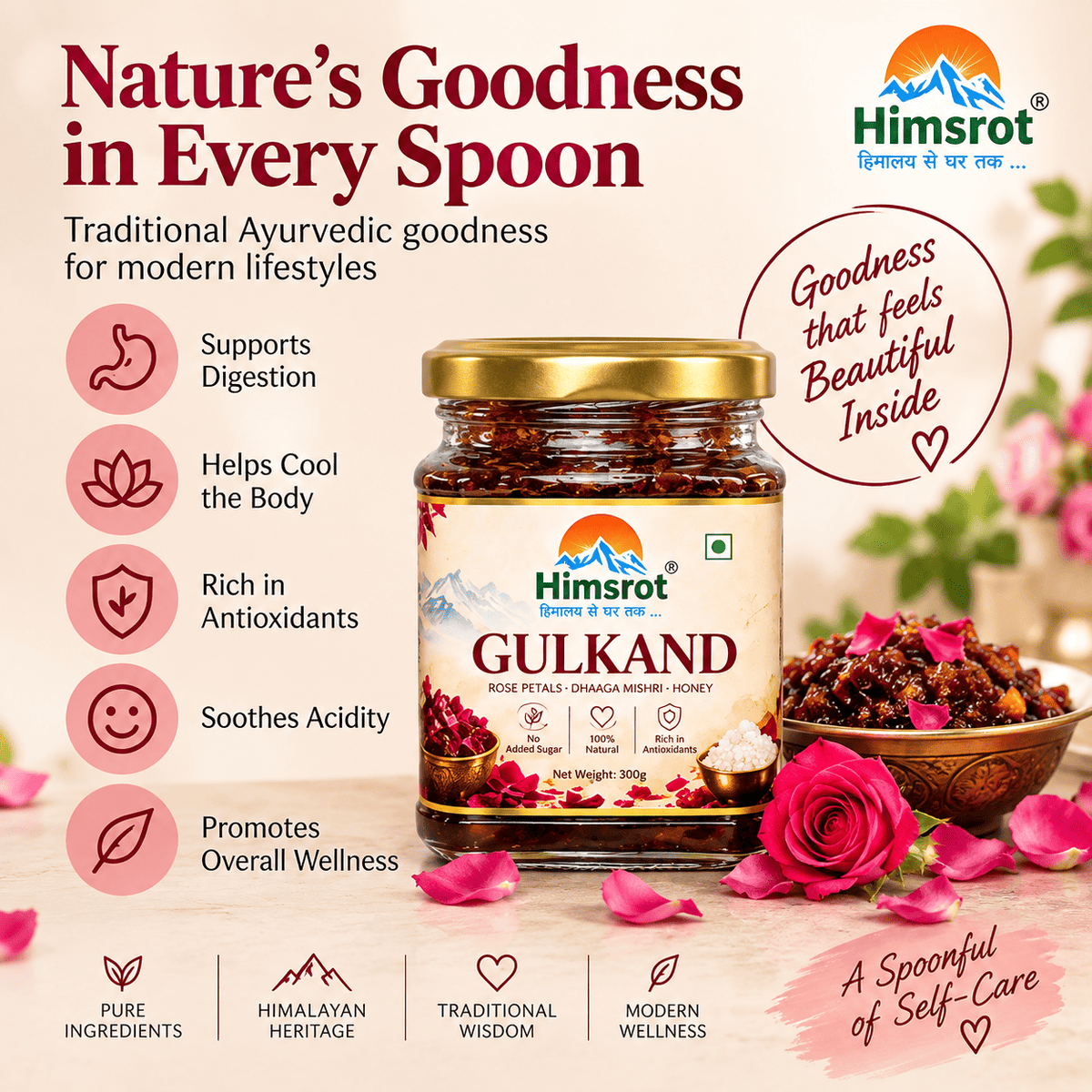 Himsrot Gulkand With Dhaaga Mishri & Honey | Pure, Natural & Himalayan | 300gm