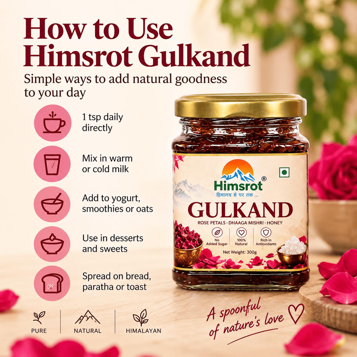 Himsrot Gulkand With Dhaaga Mishri & Honey | Pure, Natural & Himalayan | 300gm