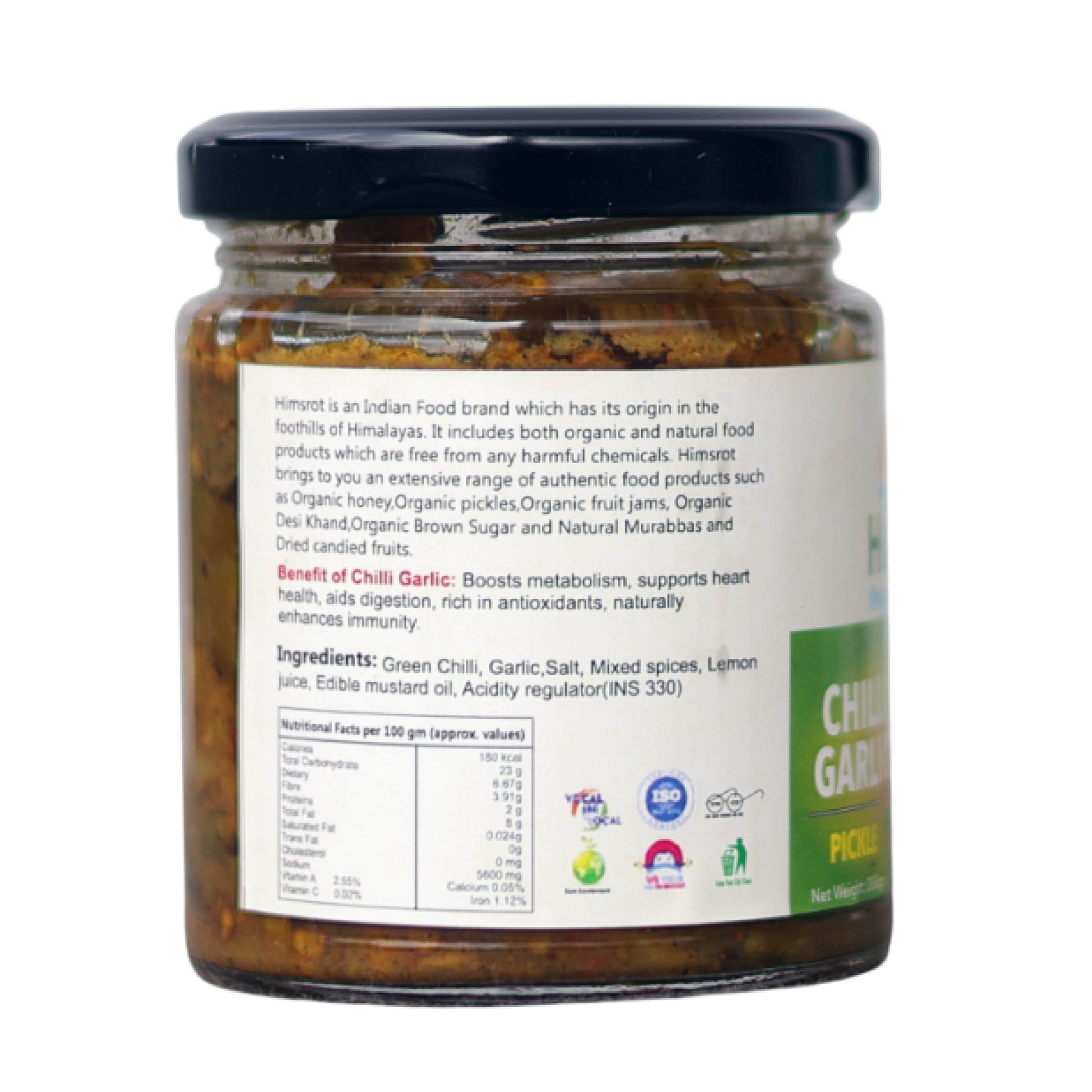 Chilli Garlic Pickle with label on a white background