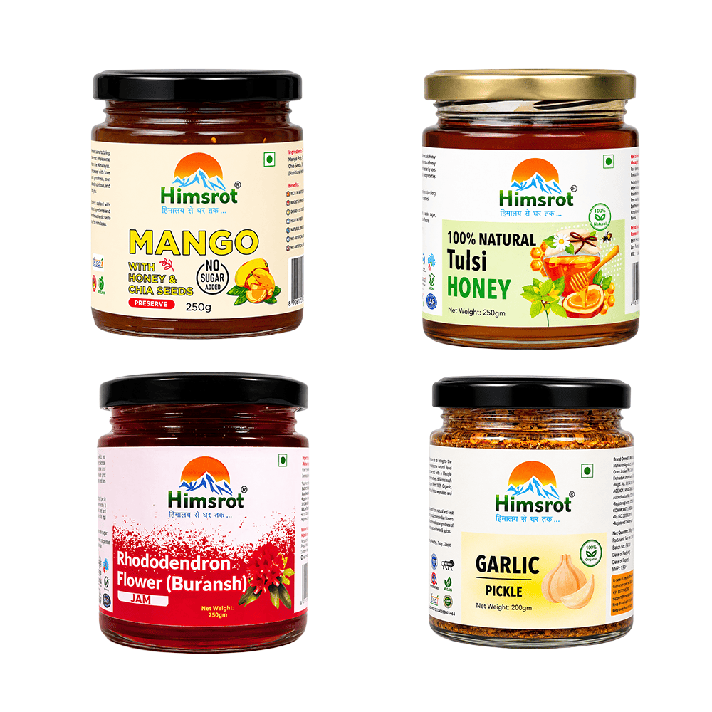 Pahadi Special Combo - Buransh Jam, Tulsi Honey, Mango Jam (Preserve), & Garlic Pickle