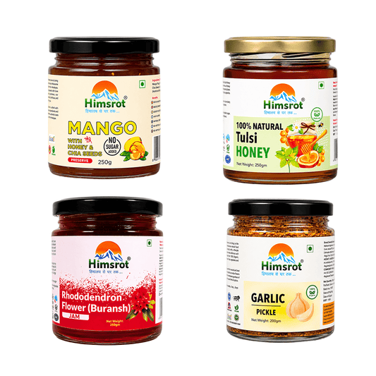 Pahadi Special Combo - Buransh Jam, Tulsi Honey, Mango Jam (Preserve), & Garlic Pickle