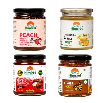 Premium Delight Combo - Peach Jam (Preserve), Acacia Honey, Apple Cinnamon Jam, & Ginger Pickle