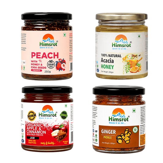 Premium Delight Combo - Peach Jam (Preserve), Acacia Honey, Apple Cinnamon Jam, & Ginger Pickle