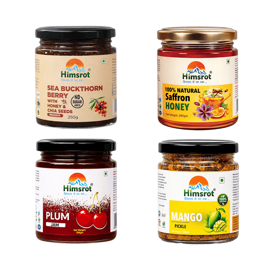 Vitamin C Rich Combo - Seabuckthorn Jam (Preserve), Saffron Honey, Plum Jam, & Mango Pickle