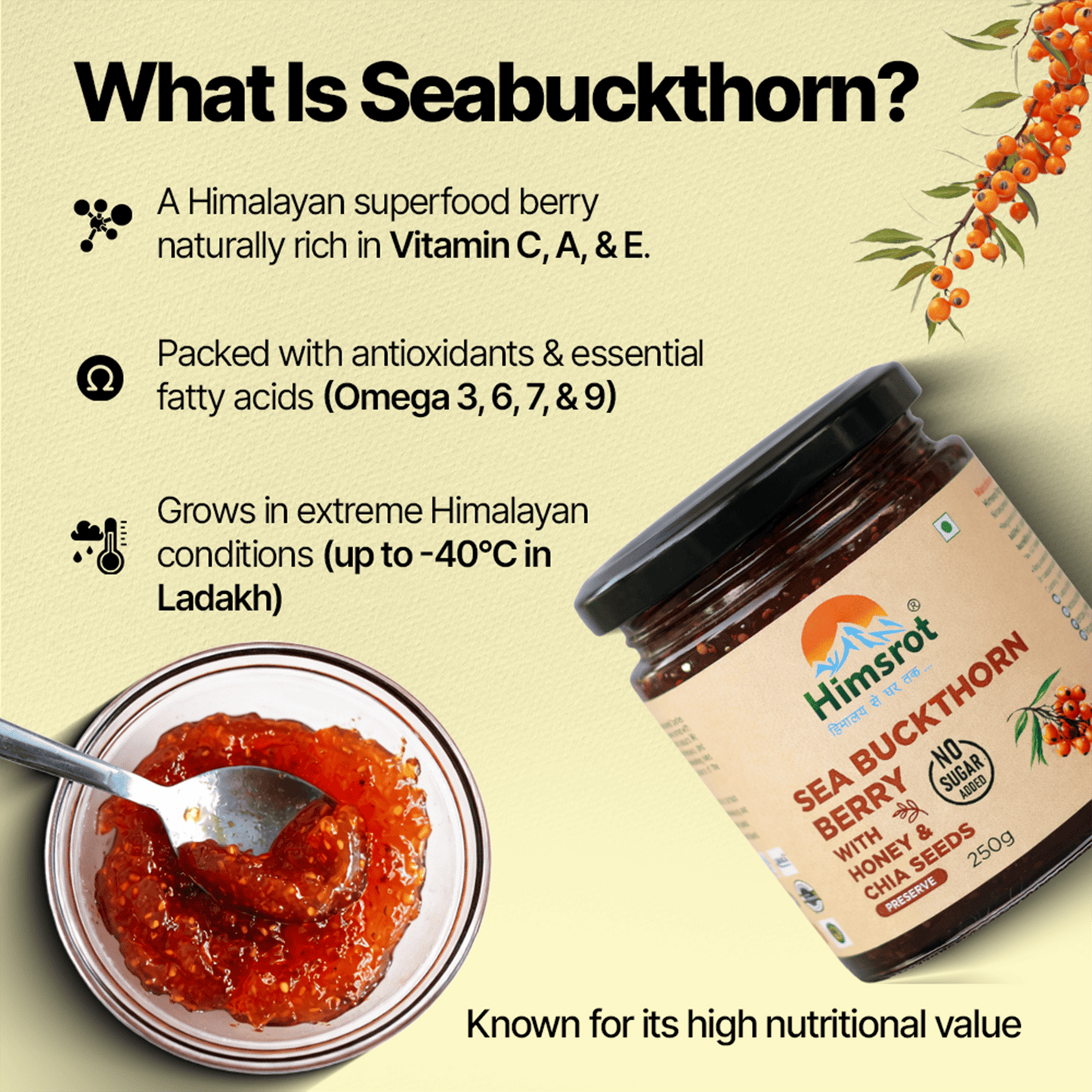 Himsrot Seabuckthorn Berry Jam (Preserve) With Honey & Chia Seeds | 250gm