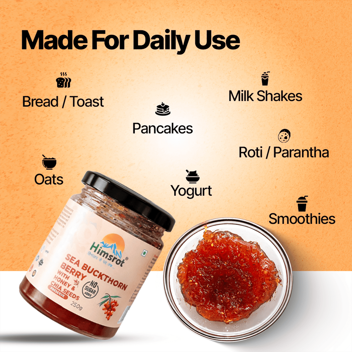 Himsrot Seabuckthorn Berry Jam (Preserve) With Honey & Chia Seeds | 250gm