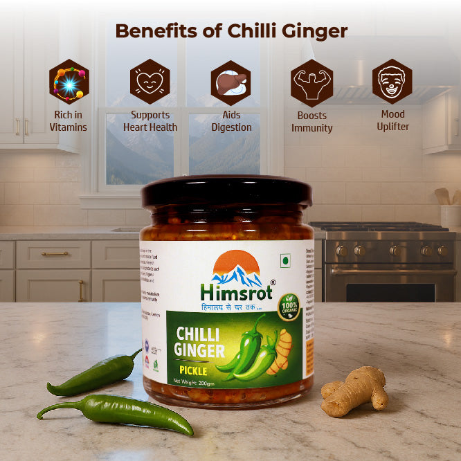 Jar of Himsrot Chilli Ginger Pickle on a kitchen counter with benefits listed above.